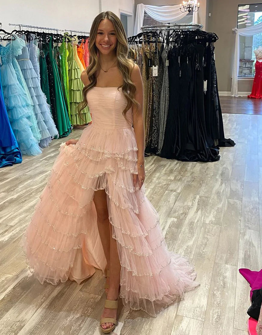 Tulle Off The Shoulder Ruffle Beaded Long Prom Dress With Slit