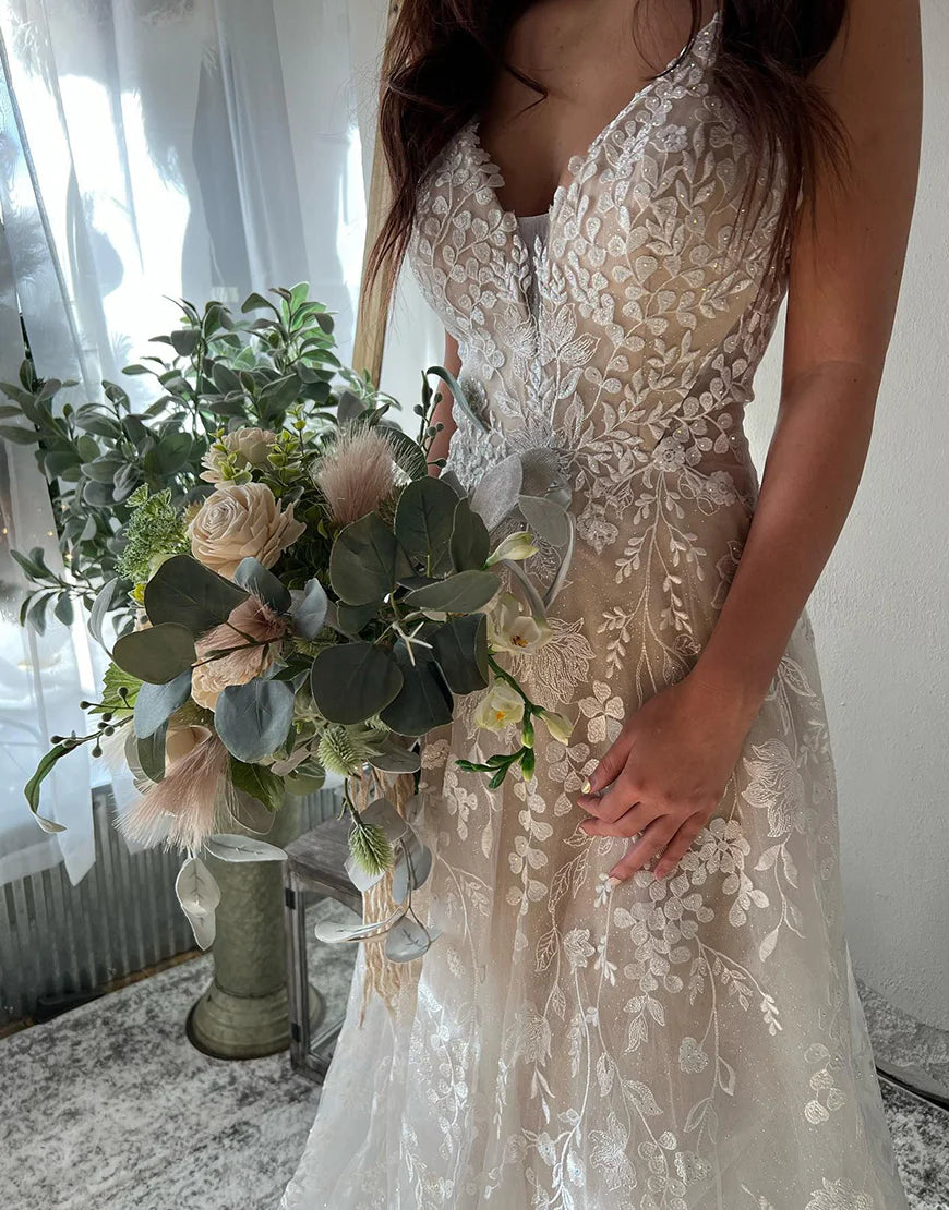 A-Line V-Neck Ivory Spaghetti Straps Boho Wedding Dress with Appliques