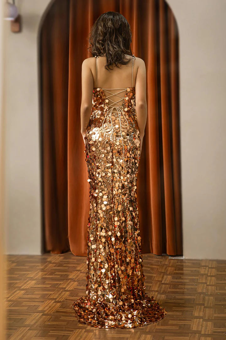 Glitter Gold Sequin Spaghetti Strap V-Neck Long Prom Dress