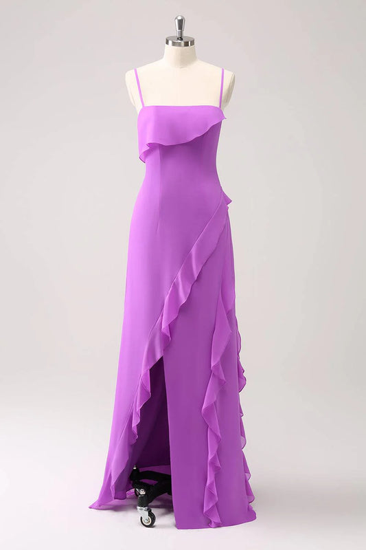 Lilac Strap Ruffle Floor-length Wedding Guest Party Dress With Slit