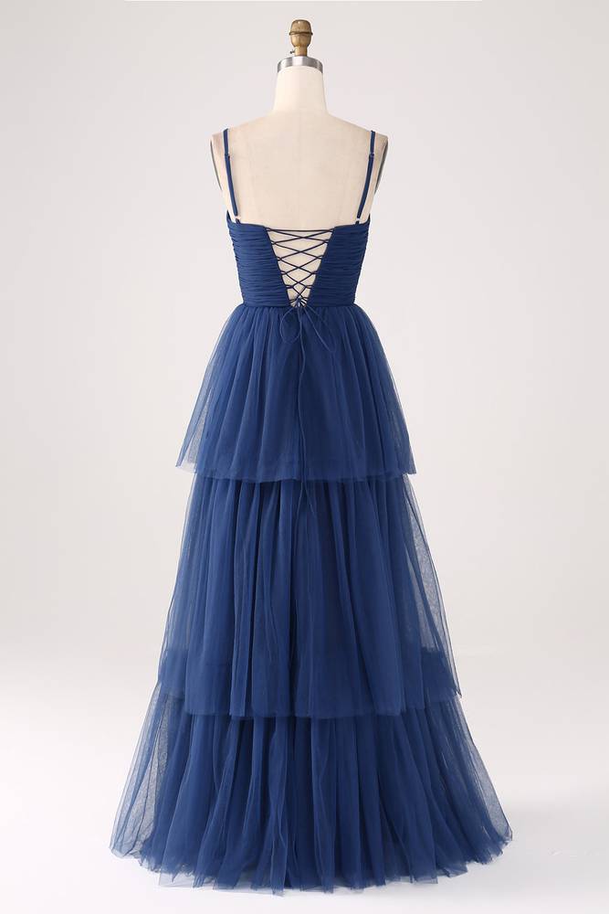 A-Line Princess Straps Navy Blue Lace-Up Layered Maxi Dress