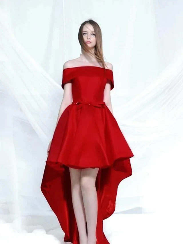 A-Line Elegant Engagement Cocktail Party Dress Off Shoulder Sleeveless Asymmetrical Satin with Bow(s)