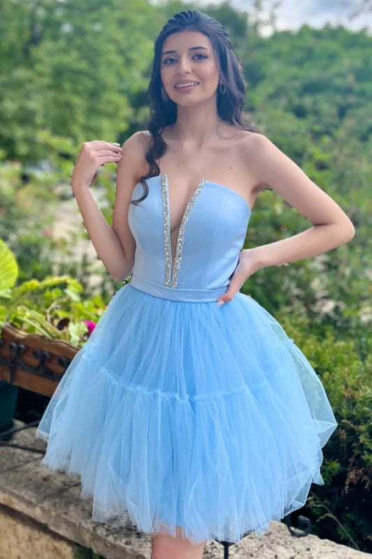 A-Line Princess Tulle Light Blue Strapless Homecoming Dress