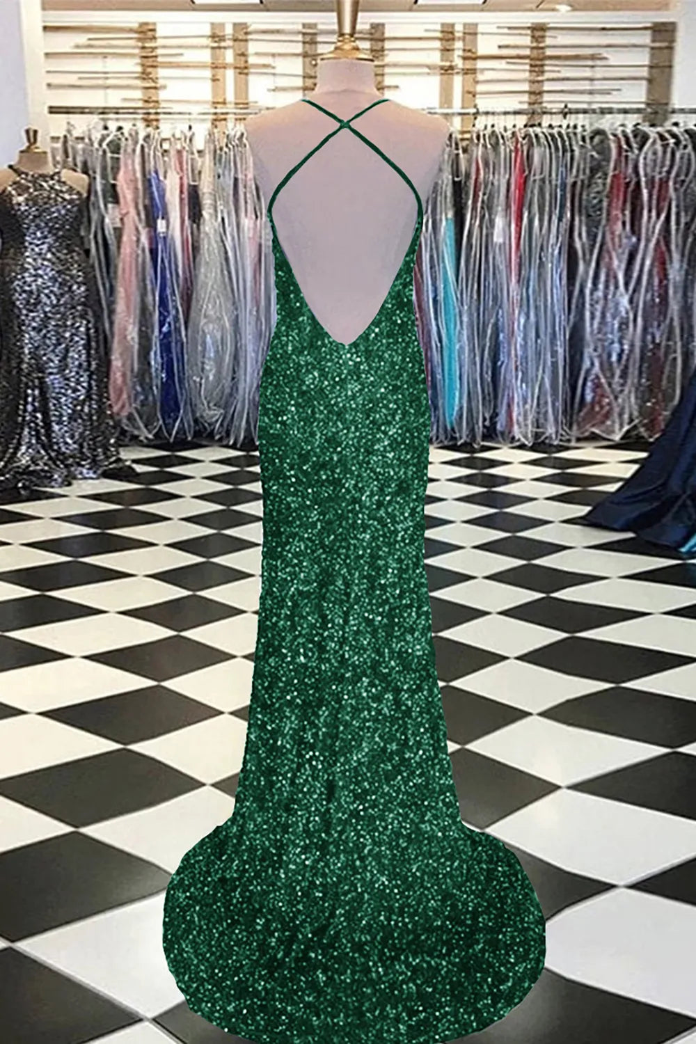 Sequin Mermaid Backless Prom Dress Evening Dresses With Sweep Train