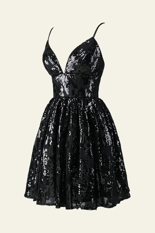 Black A-line Spaghetti Straps V Neck Lace Sequins Homecoming Dress