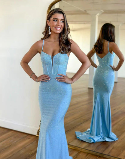 Sparkly Blue Corset Spaghetti Strap Mermaid Long Prom Dress