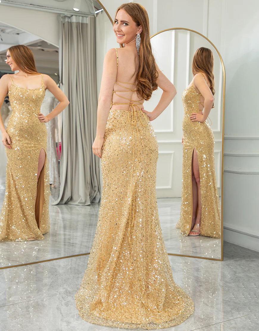 Sequins/Sparkling Golden Mermaid Long Prom Dress Slit With Lace Up Back