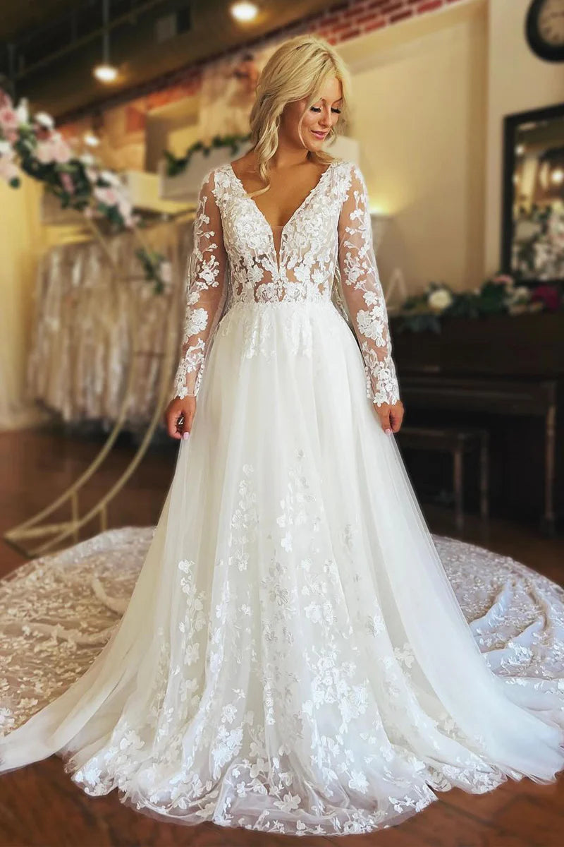 A-Line V Neck Long Sleeve Tulle Lace Wedding Dresses Sweep Train Dresses