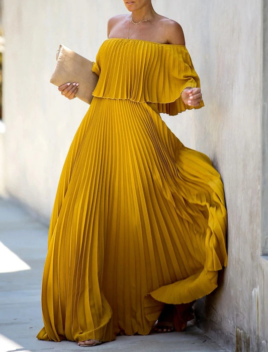 A-Line Wedding Guest Party Dress Floor Length Half Sleeve Off Shoulder Chiffon with Pleats Ruffles