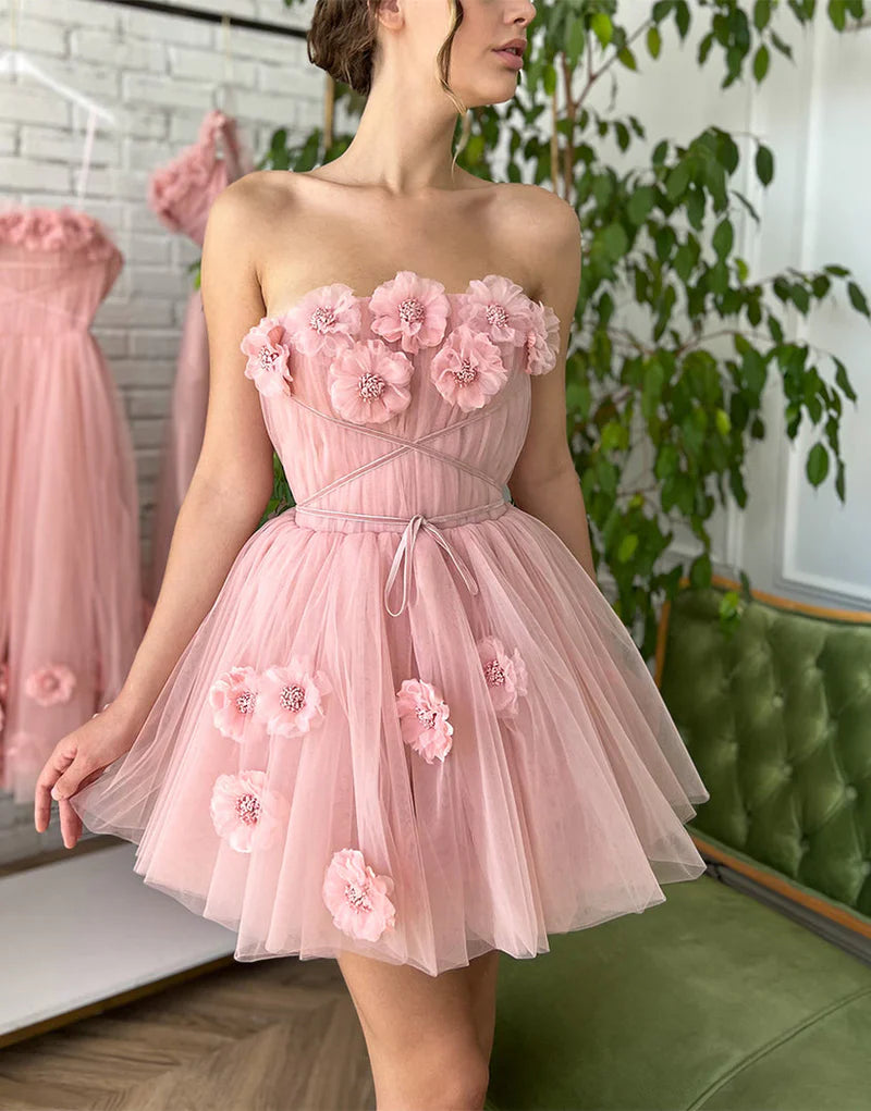 A-line Tulle Homecoming Dress with Handmade 3D Flowers