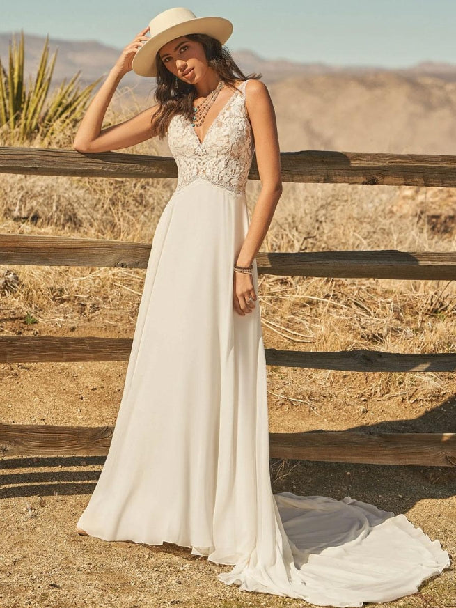 Ivory Boho Wedding Dress Chiffon Lace A-Line With Train Sleeveless V-Neck Bridal Dress