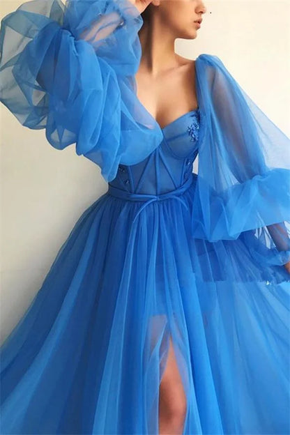 Long Sleeve Party Gowns Blue Tulle Prom Dress Slit Evening Dress