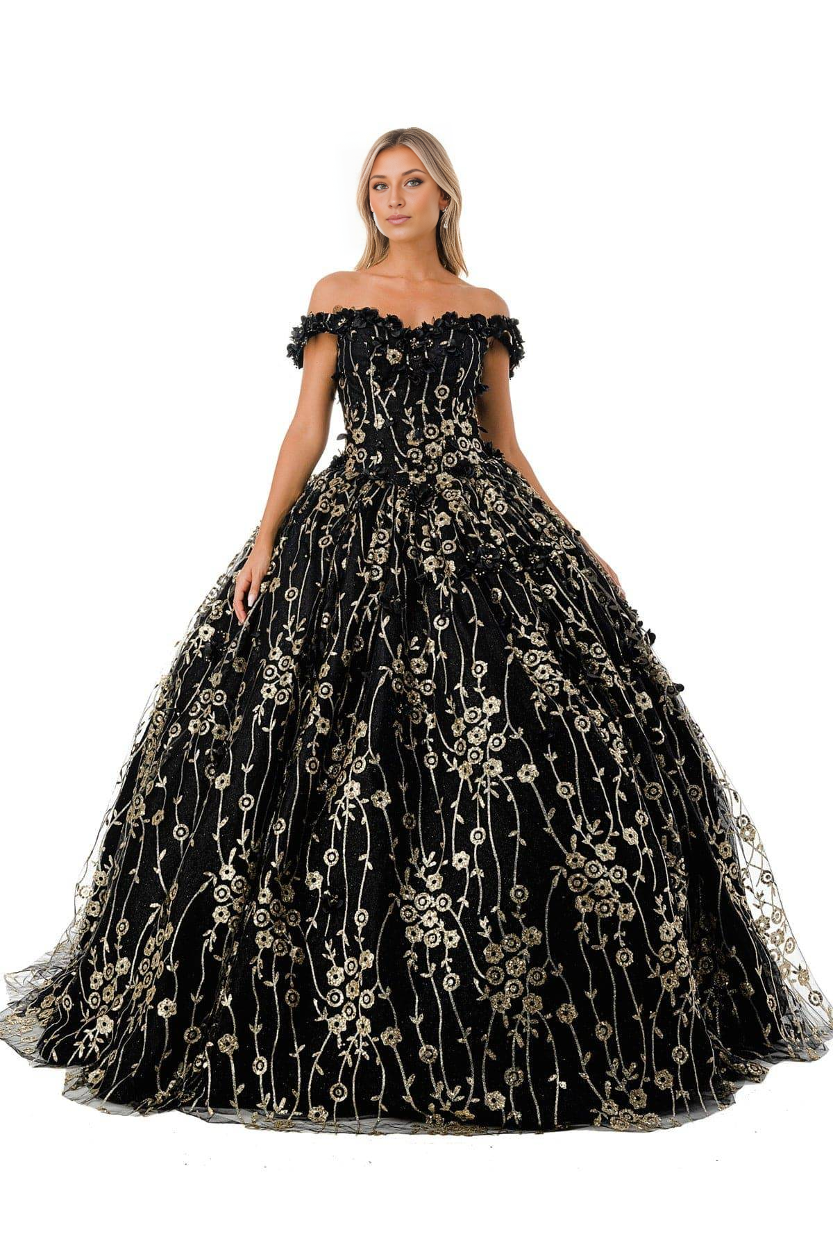 Gorgeous Black Gold Floral Inspired Off Shoulder Quinceanera Dress Ball Gown Princess Dress