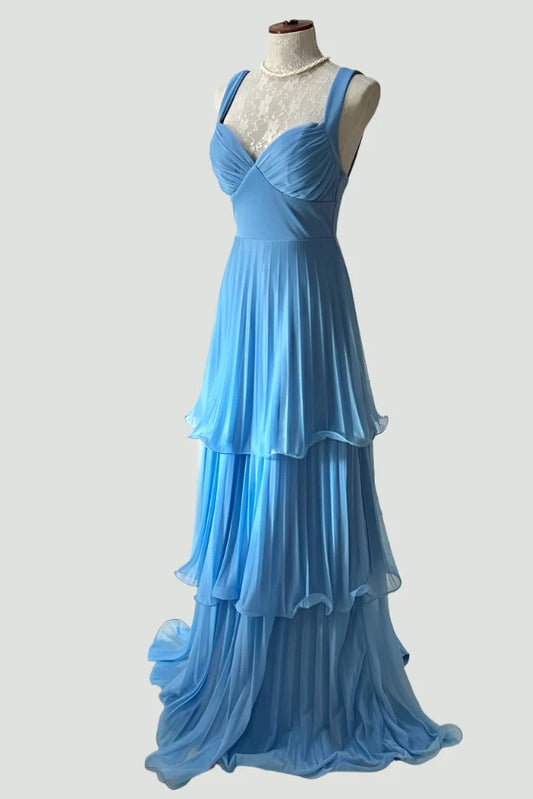 Straps Blue Corset Pleated Tiered Sweetheart Maxi Dress