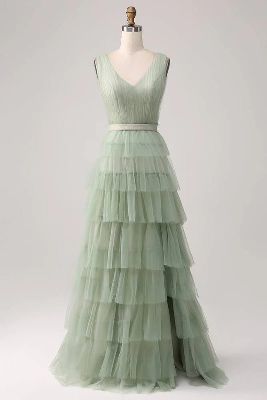 V-Neck Sage Green Tiered Floor-length A-Line Maxi Dress