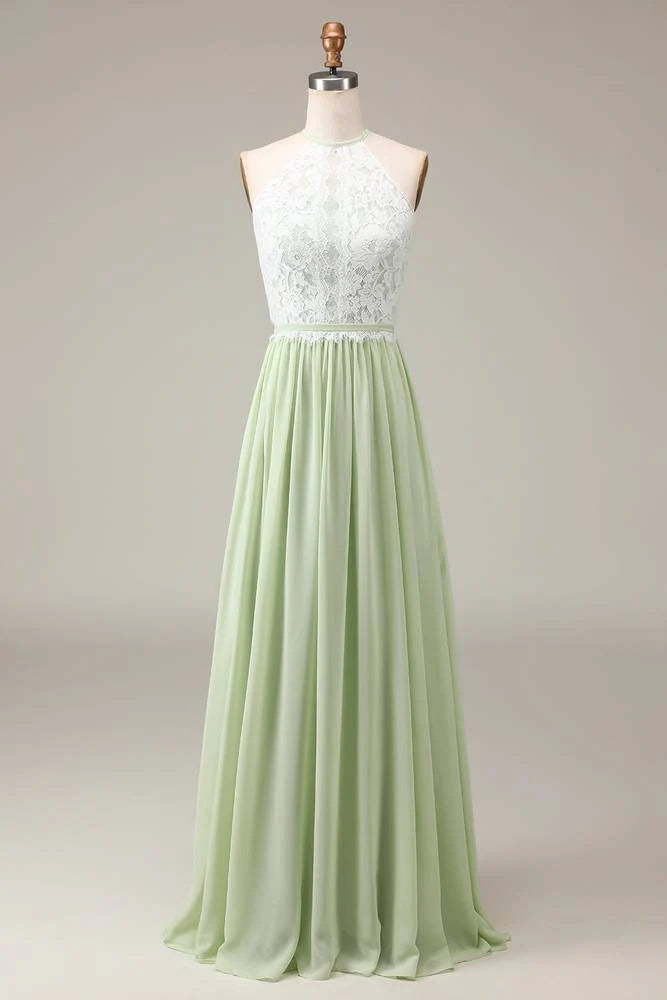 Mint Green Lace Top A-Line Halterneck Floor-length Maxi Dress