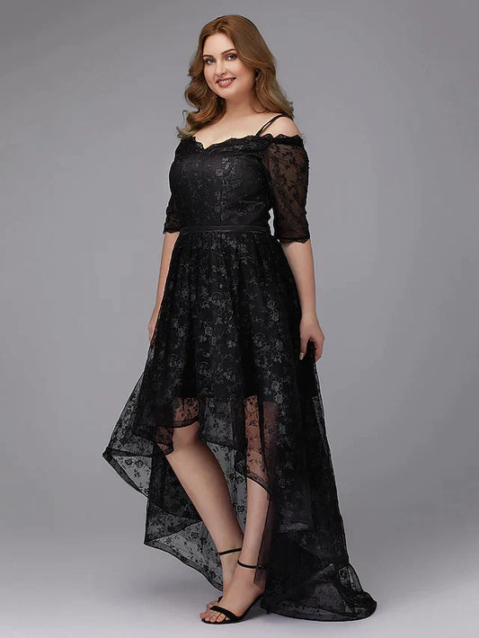 A-Line Plus Size Cocktail Party Prom Dress Spaghetti Strap Half Sleeve Asymmetrical Lace with Pleats Lace Insert