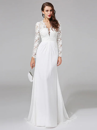 Wedding Dresses V NeckChiffon Floral Lace Long Sleeve Romantic Boho Illusion Sleeve with Lace Button