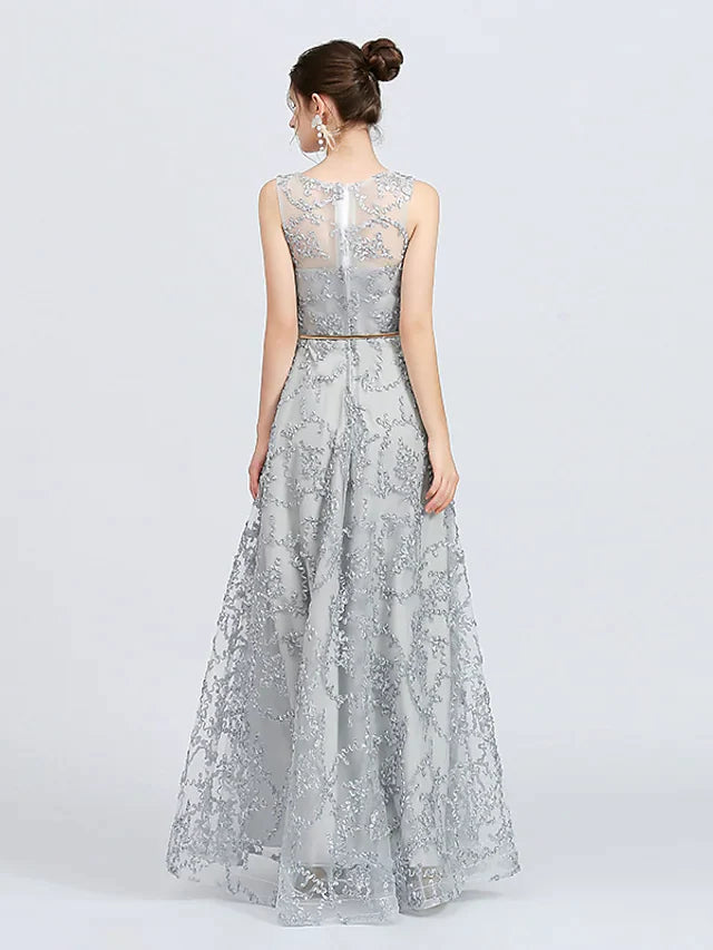 A-Line Jewel Neck Floor Length Lace Bridesmaid Dress with Sash Ribbon Appliques