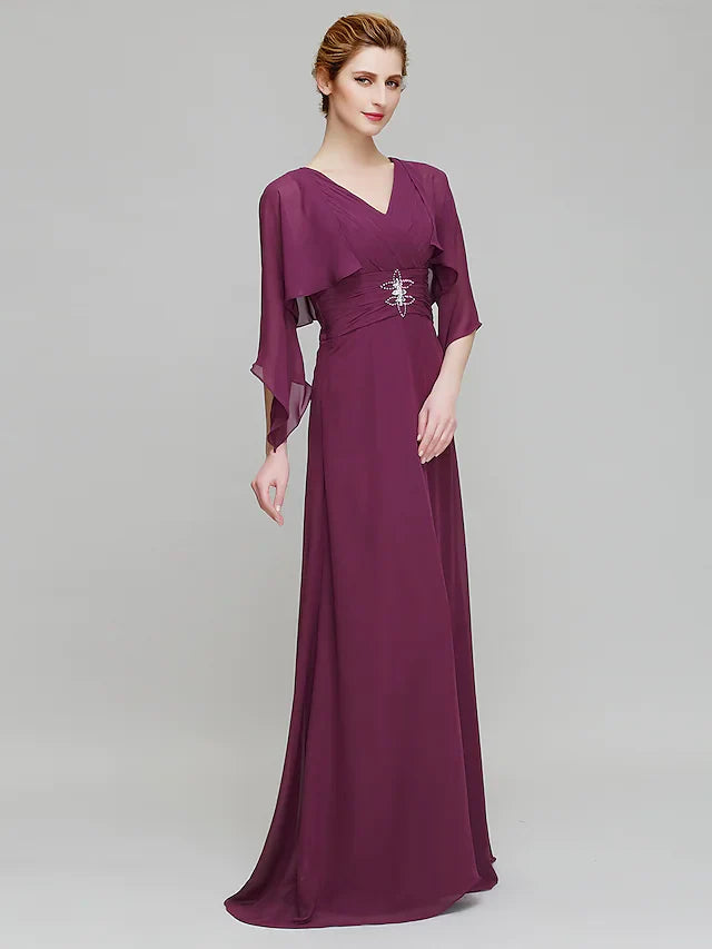 Mother of the Bride Dress V Neck Floor Length Chiffon 3/4 Length Sleeve with Criss Cross Crystals