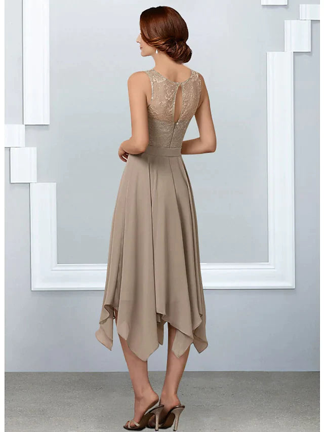 A-Line Mother of the Bride Dress Elegant Jewel Neck Tea Length Chiffon Lace Half Sleeve with Pleats