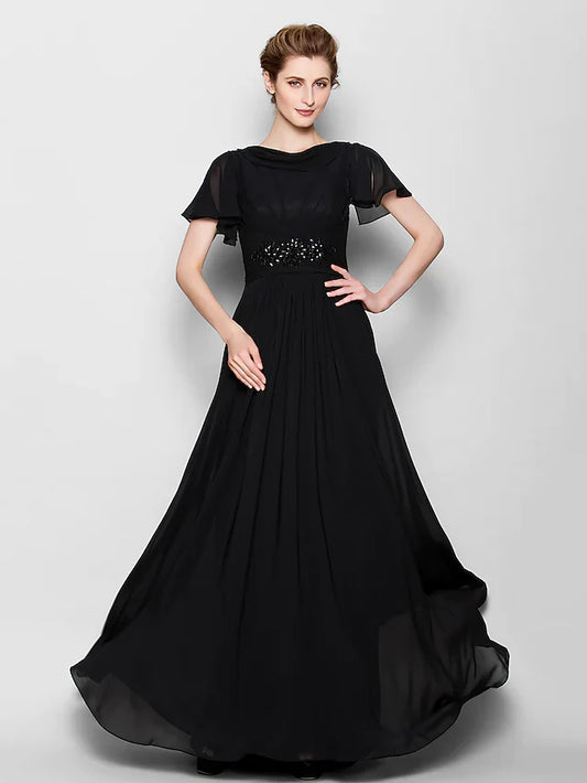 A-Line Mother of the Bride Dress See Through Bateau Neck Floor Length Chiffon Short Sleeve with Beading