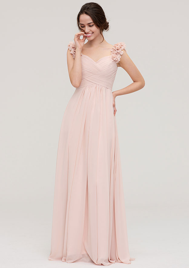 Sweetheart Sleeveless Long/Floor-Length Chiffon Bridesmaid Dress With Pleated Shoulder Flower