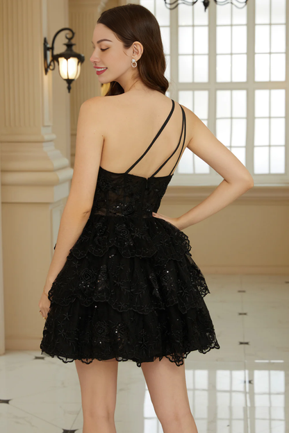 A Line One Shoulder Black Short Homecoming Dress with Appliques