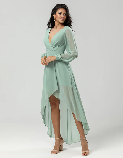 A Line Green Deep V Bridesmaid Dress with Long Sleeves