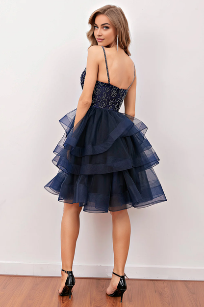 Navy V-Neck Tulle Beaded Short Cocktail Dress