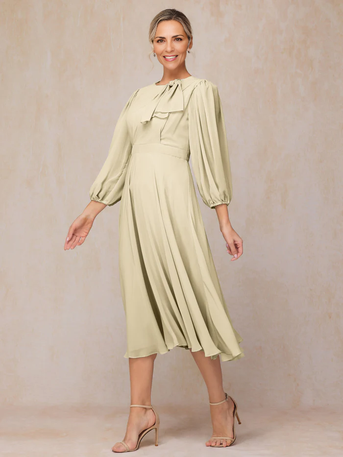 Long Sleeves A Line Tea Length Wedding Guest Dresses Chiffon Mother of the Bride Dresse