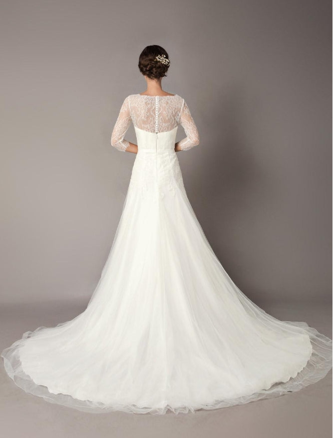 Wedding Dresses A-Line Ivory Illusion Neckline Lace Tulle Half Sleeve Bridal Dress With Train