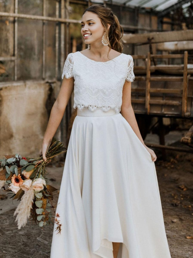 A-Line Two-piece Wedding Dress Stretch Crepe Lace Jewel Neck A-Line Sweep Short Sleeves Bridal Dress