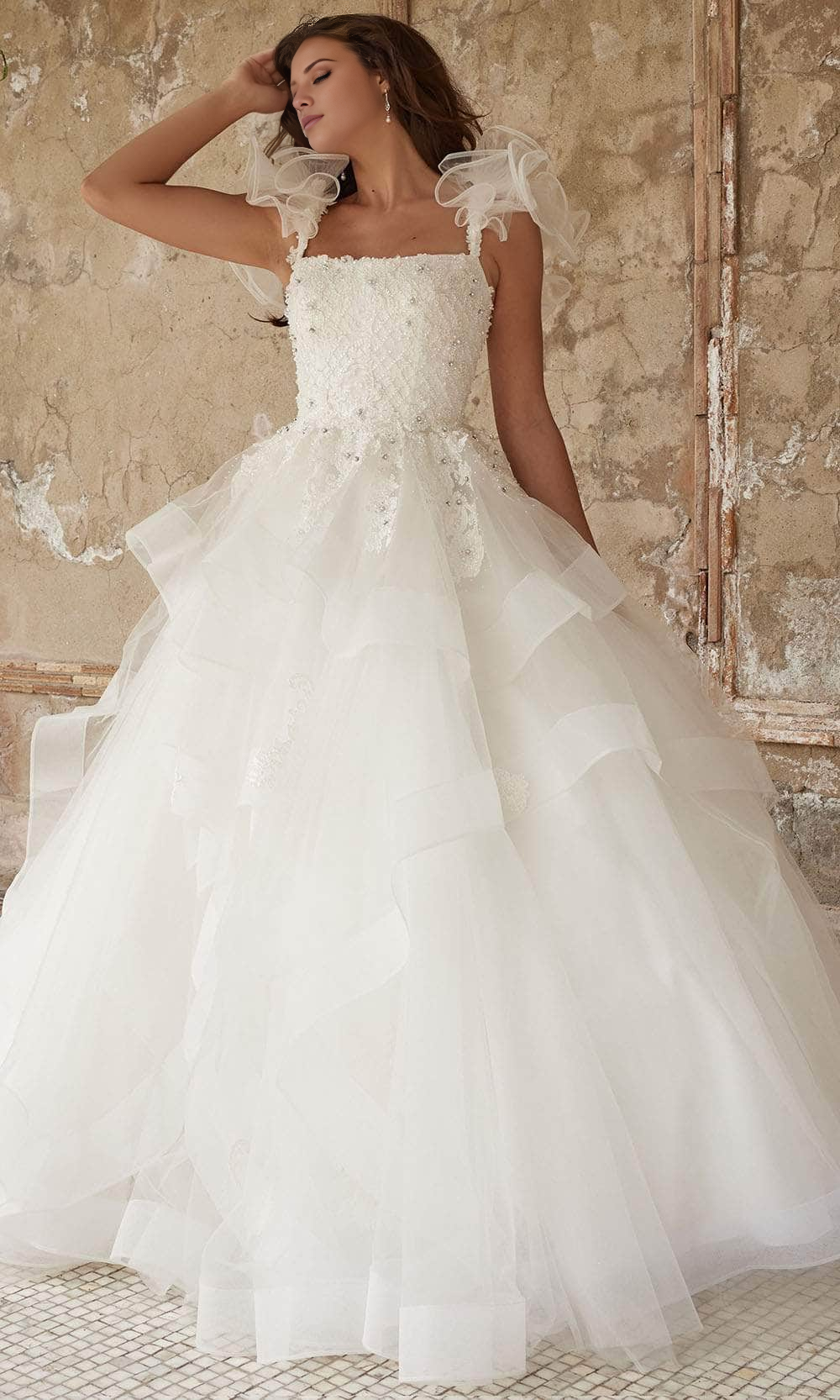 A-Line Princess Wedding Dress With Pearl Appliques Square Ruffled Bridal Ballgown