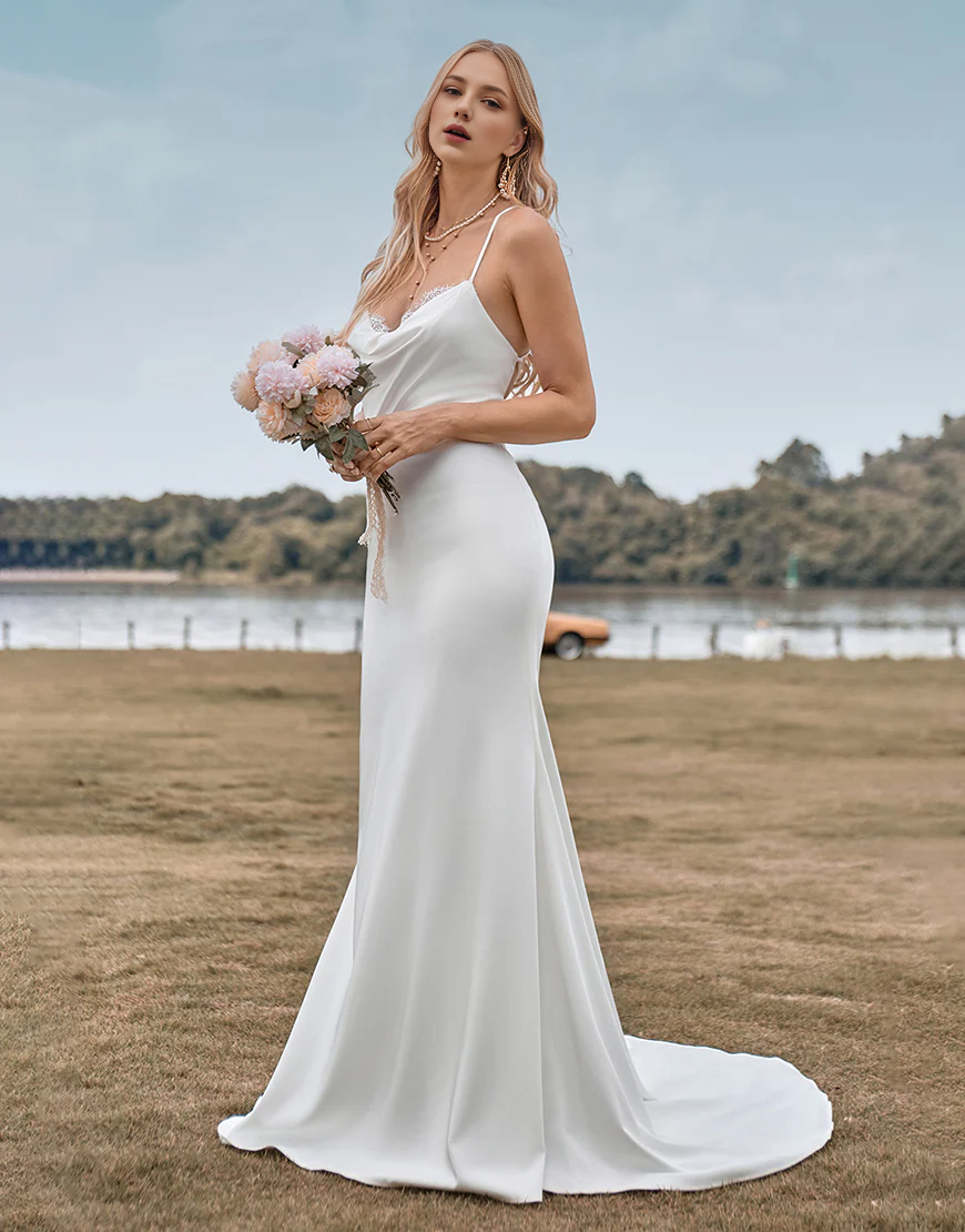 Simple Spaghetti Straps White Bridal Dress with Criss Cross Back