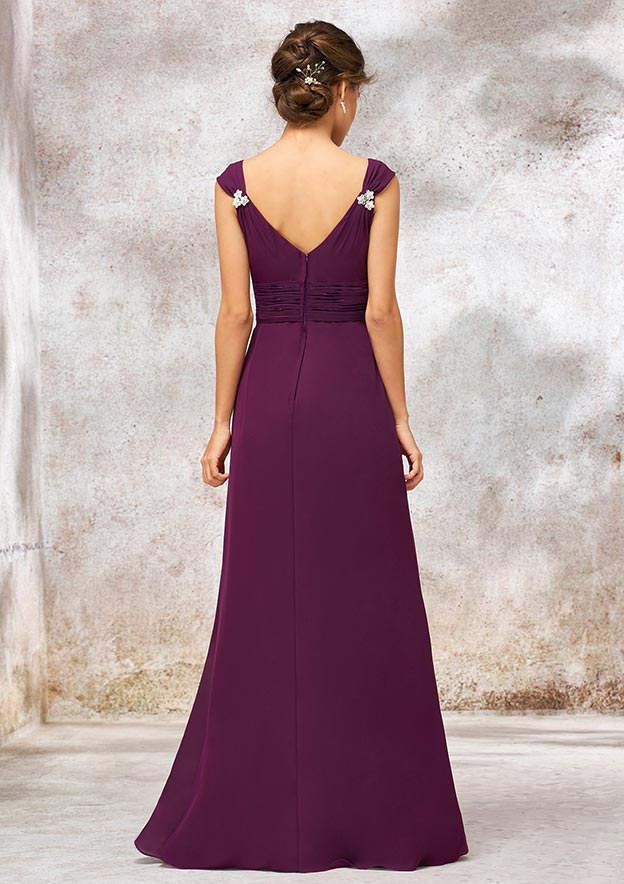 Chiffon Bridesmaid Dress Sheath/Column V Neck Long With Sashes Pleated Beading Wedding Guest Party Dresses