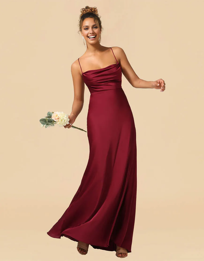 Burgundy Satin Spaghetti Straps Lace Up Sheath Bridesmaid Dresses With Slit