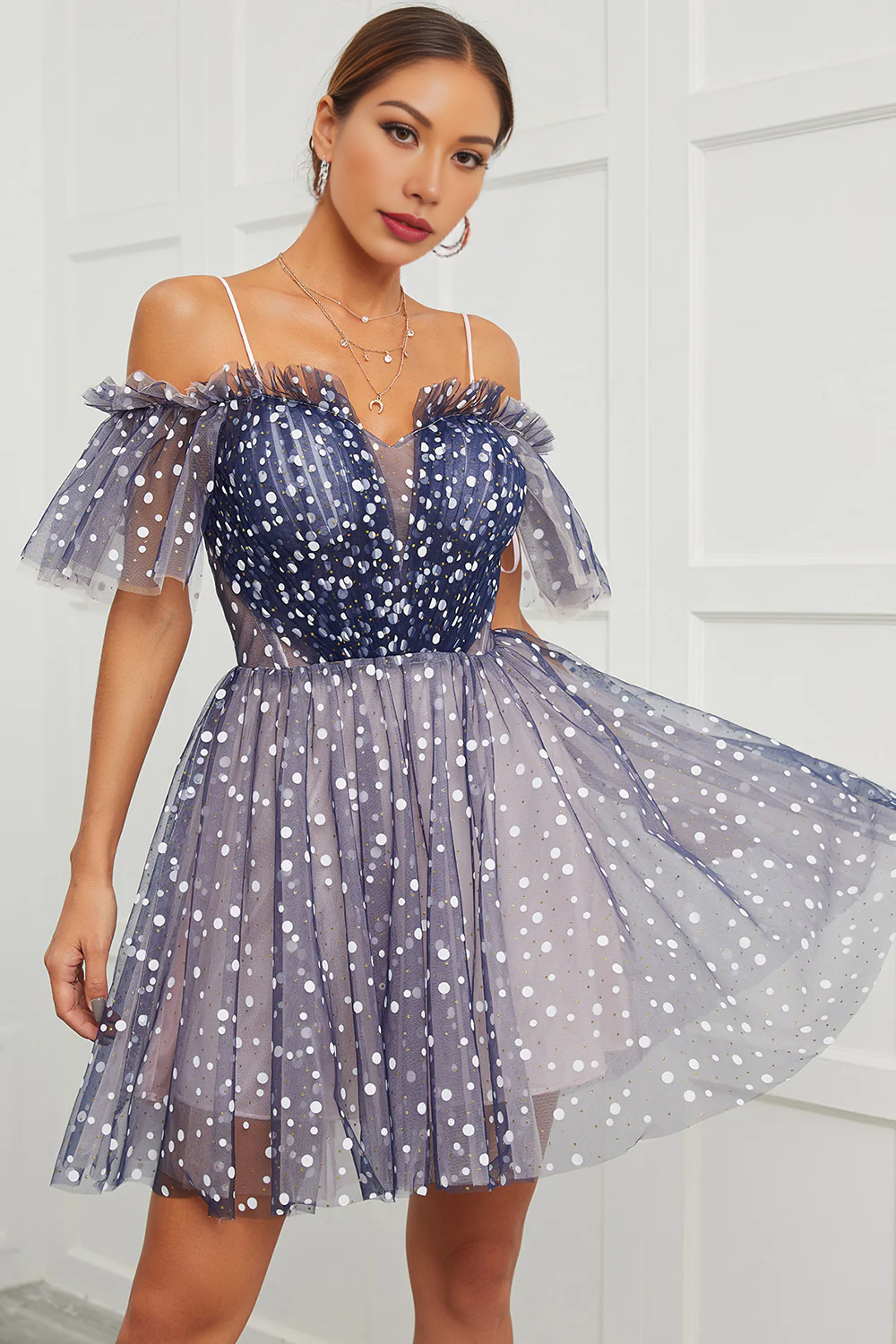 Cute Navy A Line Polka Dots Off Shoulder Homecoming Dress