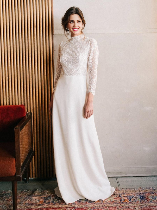 Simple Wedding Dress Lace High Collar Long Sleeves Lace A-Line Bridal Gowns