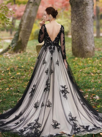 Black Wedding Dresses Lace A-Line Long Sleeves Backless Floor-Length Bridal Gown Court Train Dresses