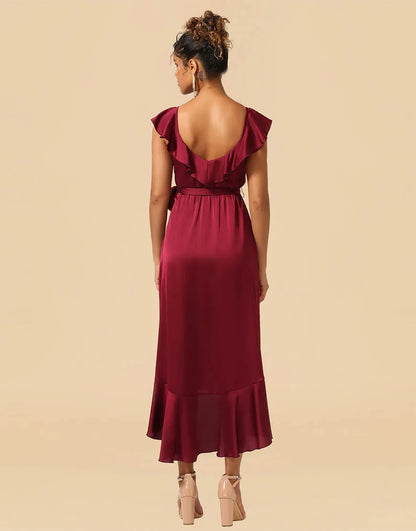 A-Line Party Dresses Asymmetrical Burgundy V-Neck Satin Bridesmaid Dress With Ruffle