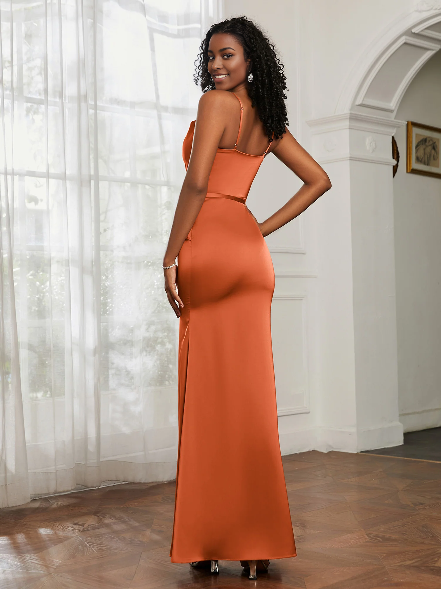 Cowl Neck Mermaid Satin Bridesmaid Dress With Sash Rust