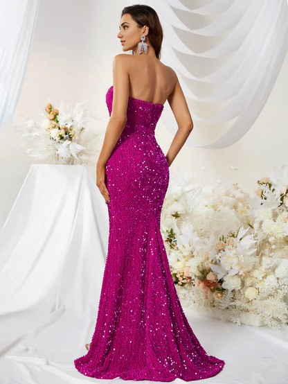 Mermaid Sweetheart Slit Sequin Prom Dress Strapless Floor-length Dress