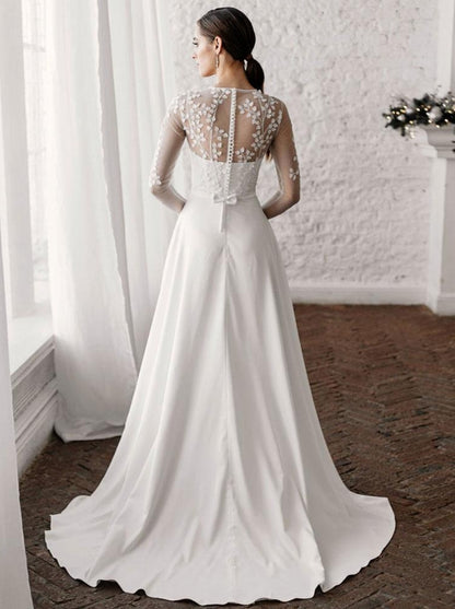 White Simple Causal Wedding Dress A-Line Illusion Neckline Long Sleeves Pearls Train Satin Fabric Lace Bridal Gowns