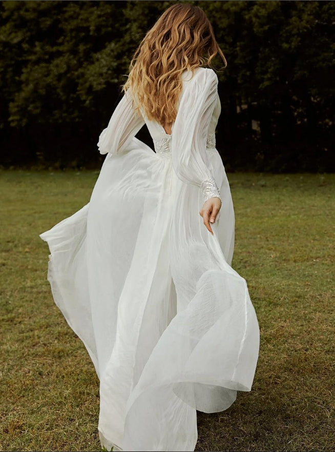 Boho Wedding Dress Chiffon Lace A-Line Sweep Natural Waist Backless Long Sleeves V-Neck Ivory