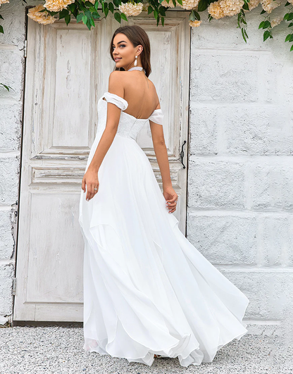 A Line Off the Shoulder Chiffon Wedding Dress with Lace