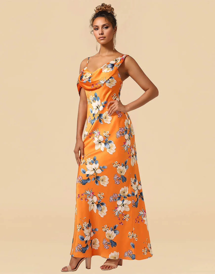 Orange Print Flower Asymmetrical Shoulder Straps Satin Sheath Bridesmaid Dress