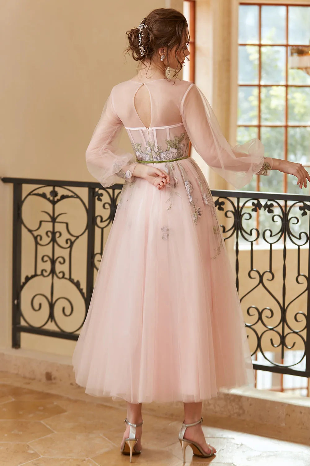 A Line Jewel Light Nude Tea Length Prom Dress Wedding Guest Dresses with Long Sleeves