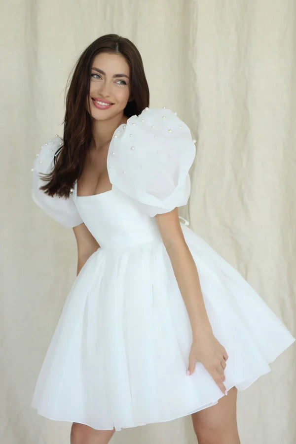 Cute A-Line Wedding Dress With Puffy Pearls Sleeves