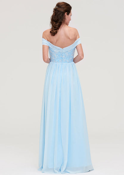 A-line Off-the-Shoulder Sleeveless Long Chiffon Bridesmaid Dresses Wedding Guest Dresses With Pleated Appliqued